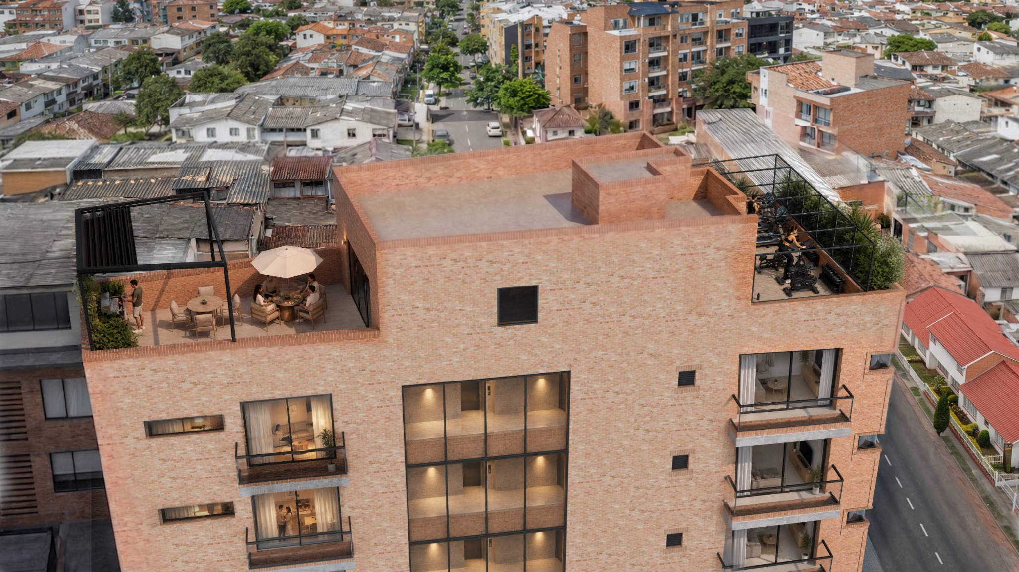 Vista aérea del edificio y terraza Living 135