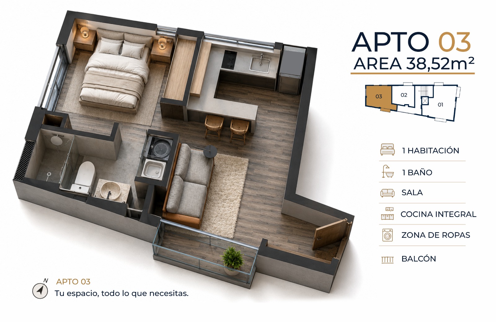 Plano limpio del apartamento tipo 3