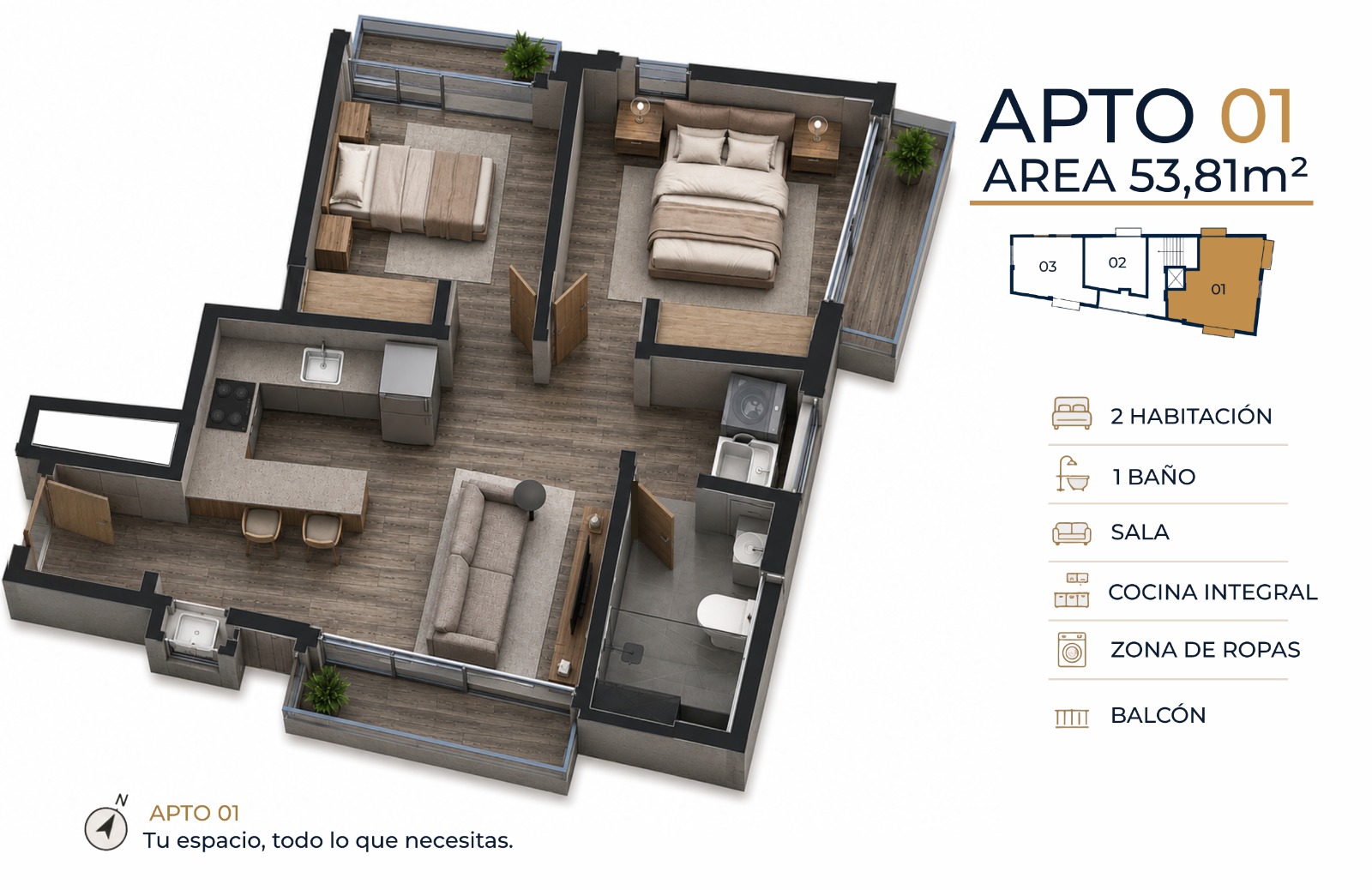 Plano limpio del apartamento tipo 1